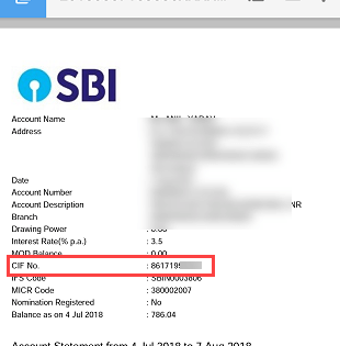 SBI CIF number via e-statement